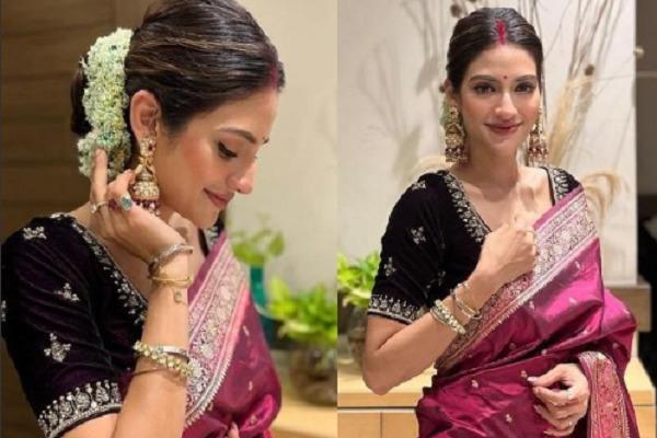 Nusrat Jahan participated in Durga Puja, looking beautiful in purple and black saree